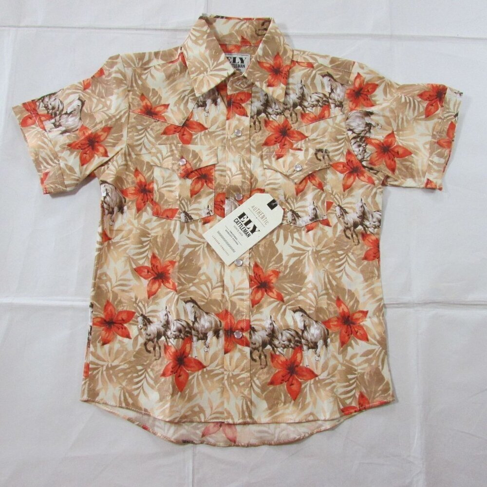 Ely Cattleman Boy's SM Short Sleeve Hawaiian Horse Print Snap Shirt Beige/Tan